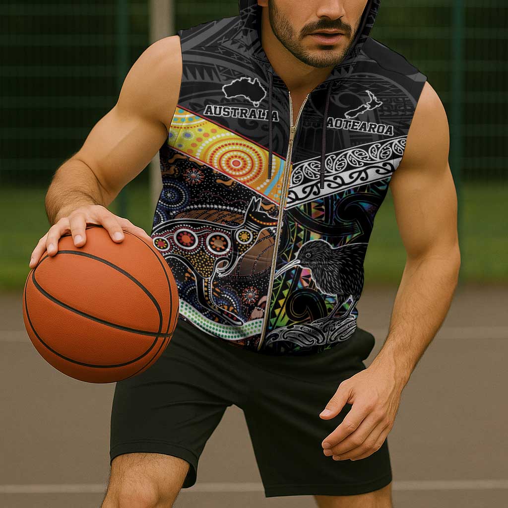 Australia New Zealand Personalised Sleeveless Zip Hoodie Maori Aboriginal Art Style - Aussie Hoodie