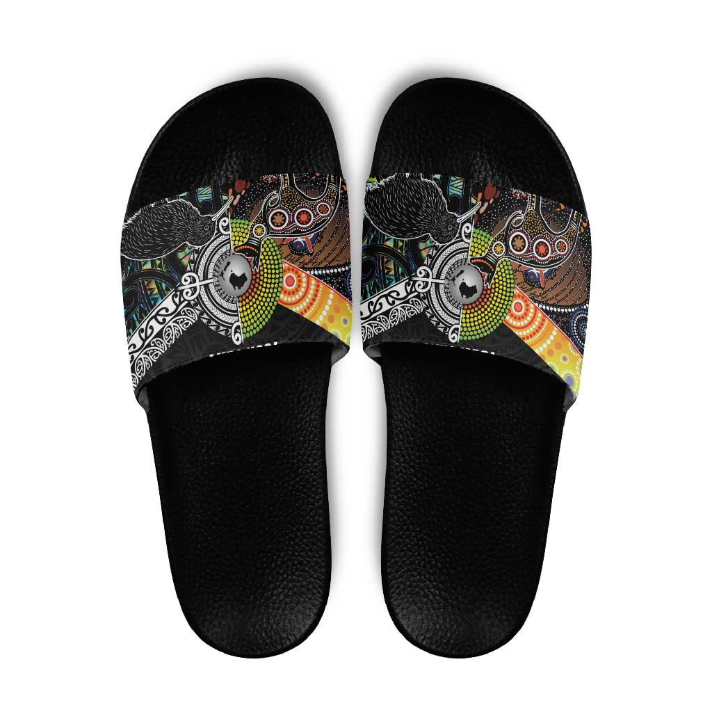 Australia New Zealand Personalised Slide Sandals Maori Aboriginal Art Style - Aussie Hoodie