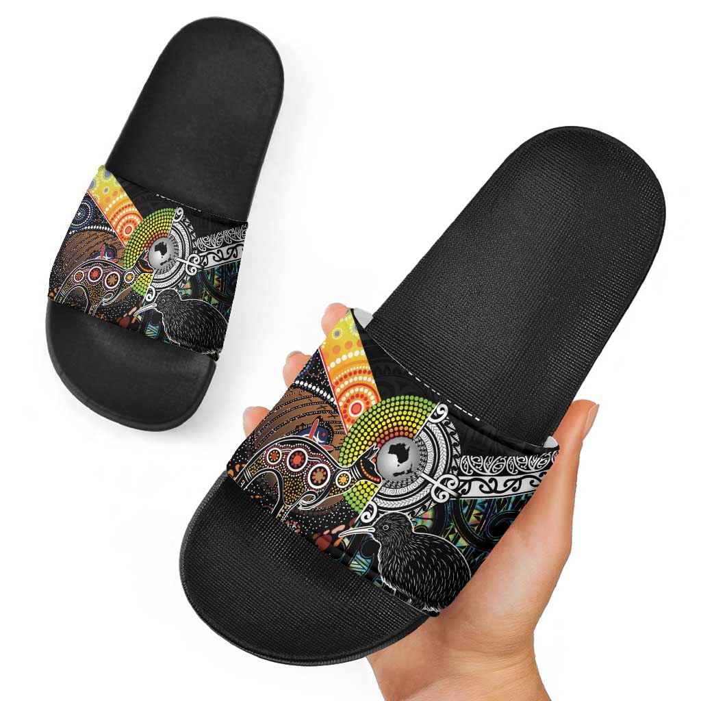 Australia New Zealand Personalised Slide Sandals Maori Aboriginal Art Style - Aussie Hoodie