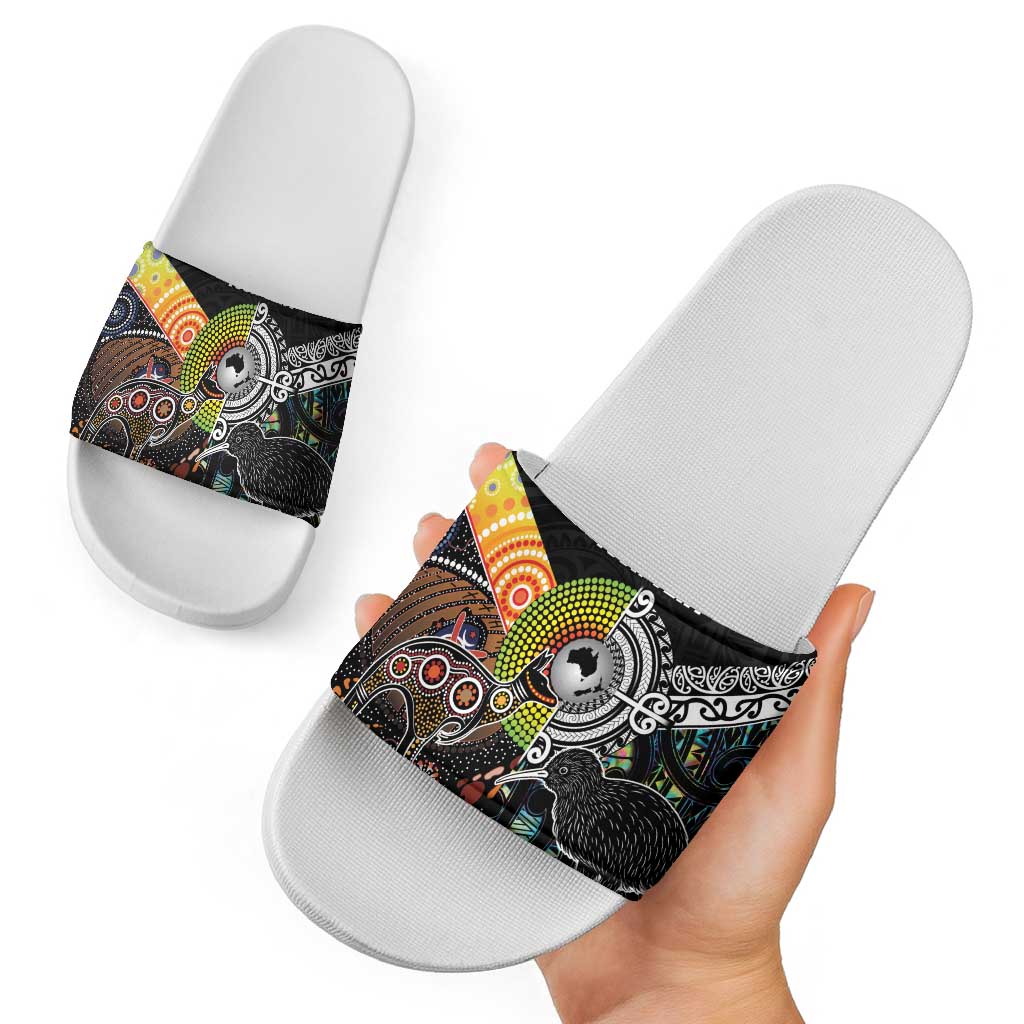 Australia New Zealand Personalised Slide Sandals Maori Aboriginal Art Style - Aussie Hoodie