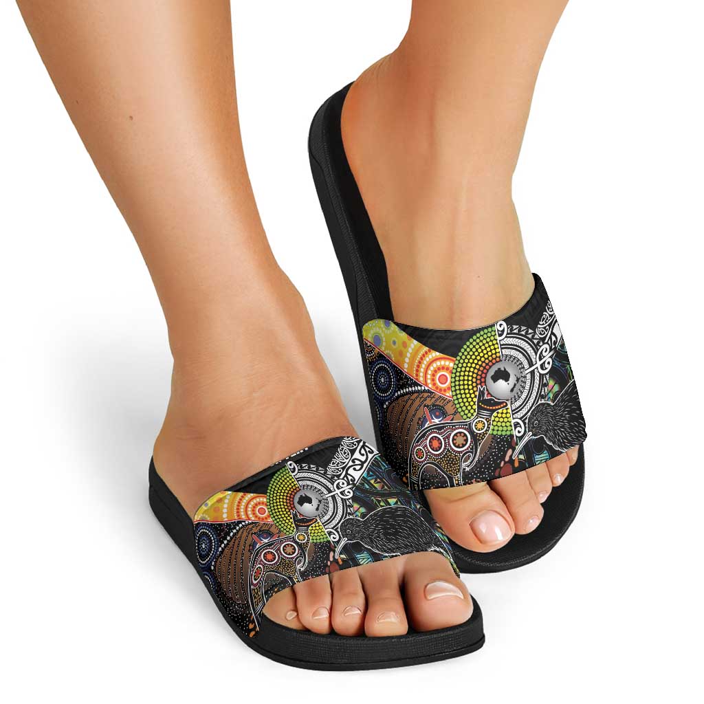 Australia New Zealand Personalised Slide Sandals Maori Aboriginal Art Style - Aussie Hoodie