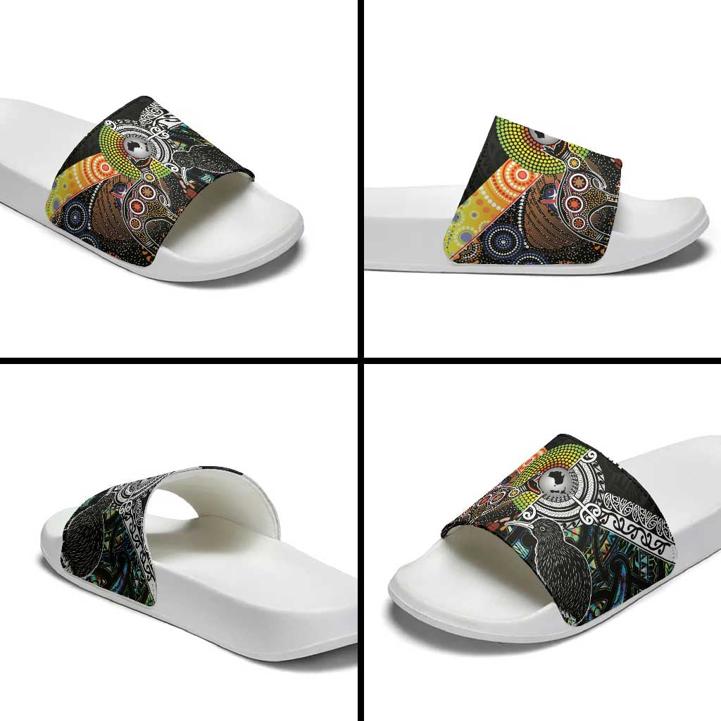 Australia New Zealand Personalised Slide Sandals Maori Aboriginal Art Style - Aussie Hoodie