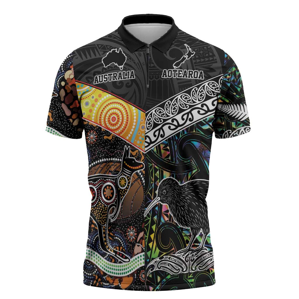 Australia New Zealand Personalised Zipper Polo Shirt Maori Aboriginal Art Style - Aussie Hoodie