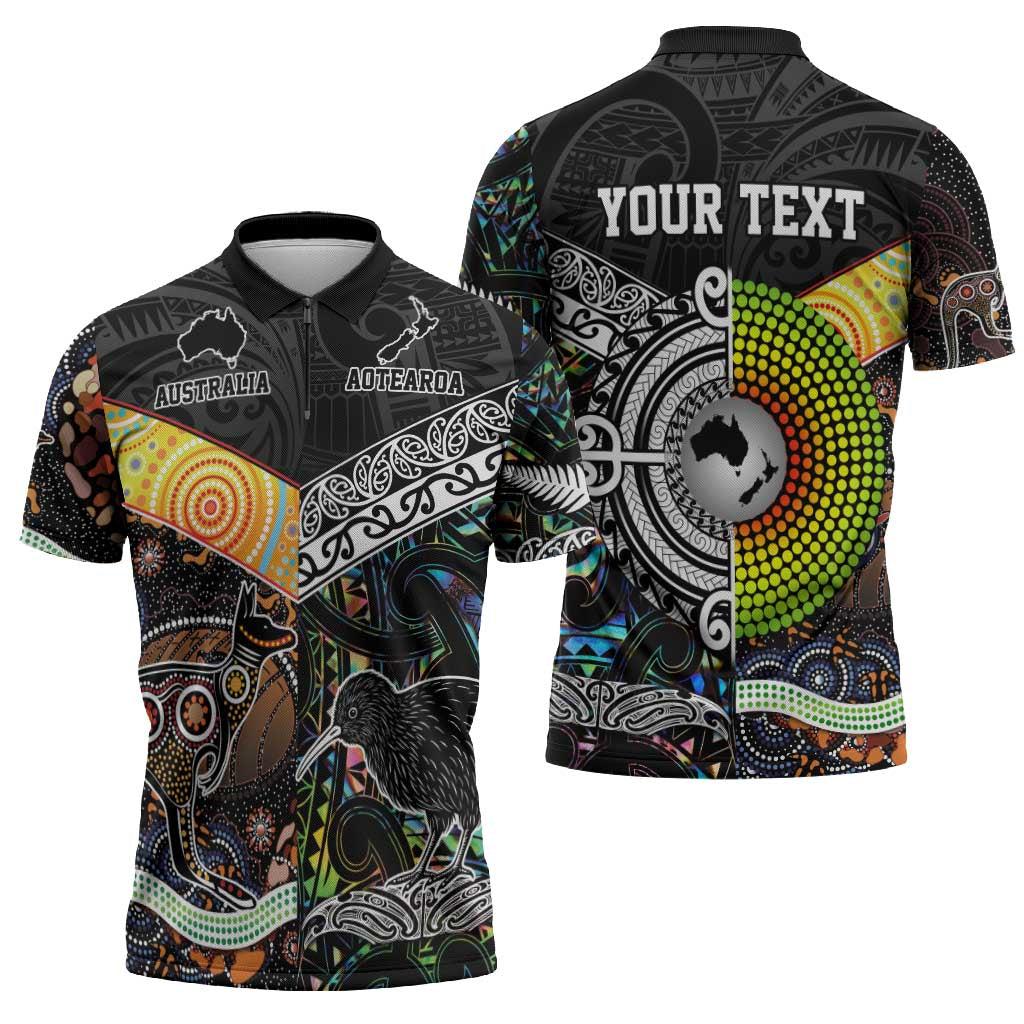 Australia New Zealand Personalised Zipper Polo Shirt Maori Aboriginal Art Style - Aussie Hoodie