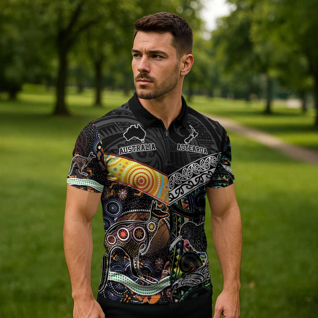 Australia New Zealand Personalised Zipper Polo Shirt Maori Aboriginal Art Style - Aussie Hoodie