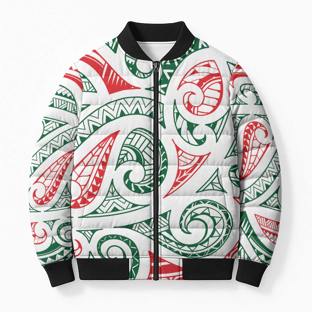 New Zealand Kowhaiwhai Christmas Bomber Puffer Jacket Traditional Maori Koru Pattern - Aussie Hoodie