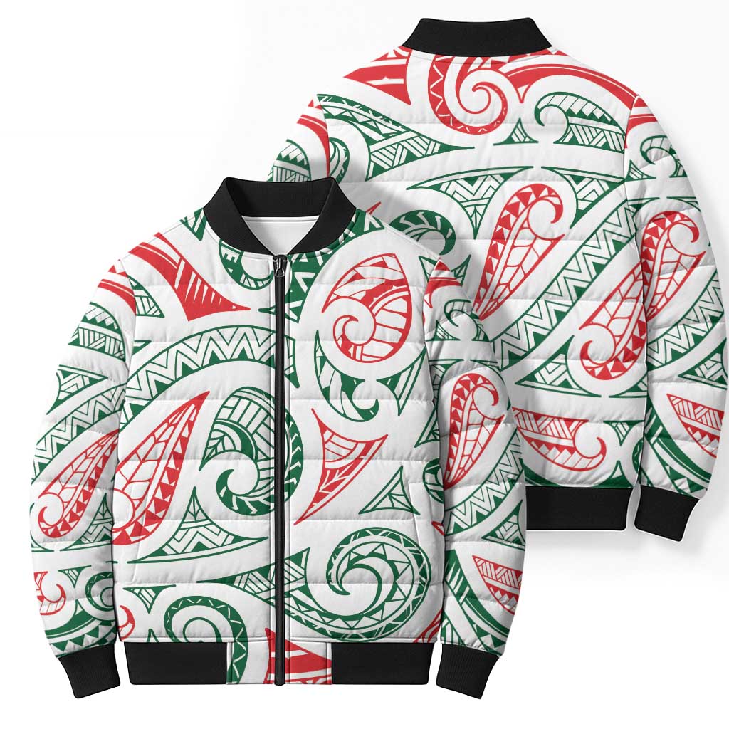 New Zealand Kowhaiwhai Christmas Bomber Puffer Jacket Traditional Maori Koru Pattern - Aussie Hoodie