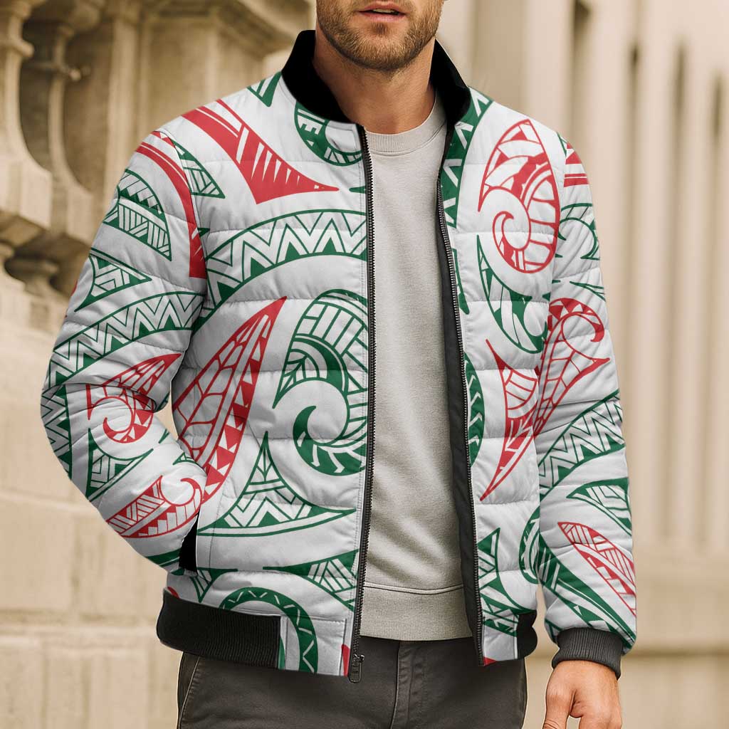 New Zealand Kowhaiwhai Christmas Bomber Puffer Jacket Traditional Maori Koru Pattern - Aussie Hoodie