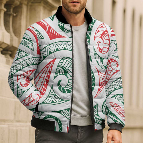New Zealand Kowhaiwhai Christmas Bomber Puffer Jacket Traditional Maori Koru Pattern - Aussie Hoodie