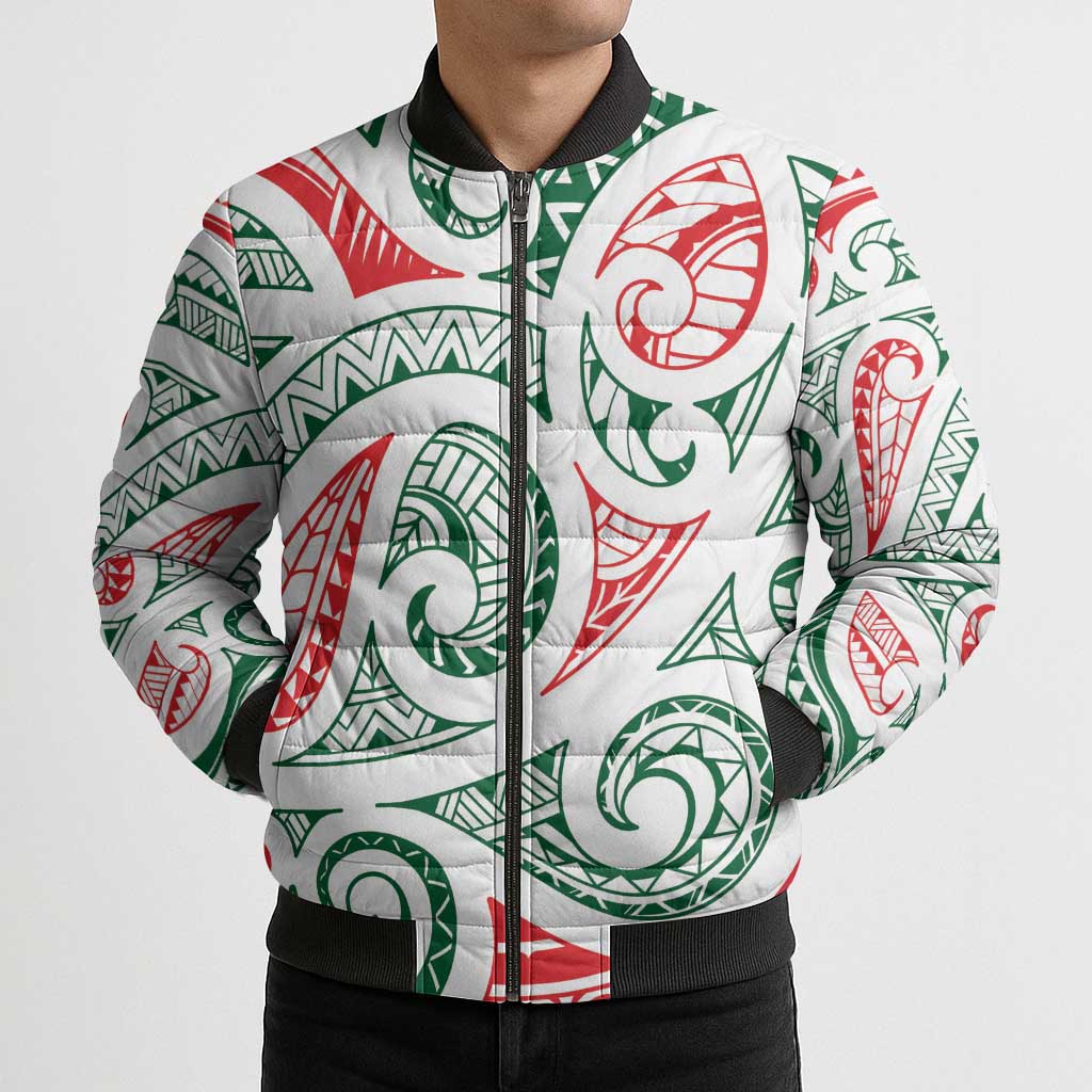 New Zealand Kowhaiwhai Christmas Bomber Puffer Jacket Traditional Maori Koru Pattern - Aussie Hoodie