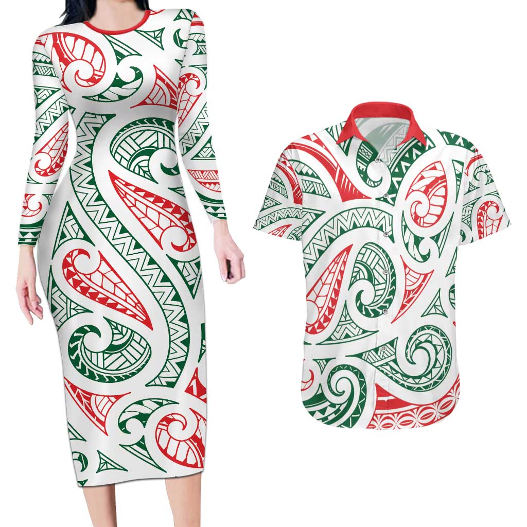 New Zealand Kowhaiwhai Christmas Couples Matching Long Sleeve Bodycon Dress and Hawaiian Shirt Traditional Maori Koru Pattern - Aussie Hoodie