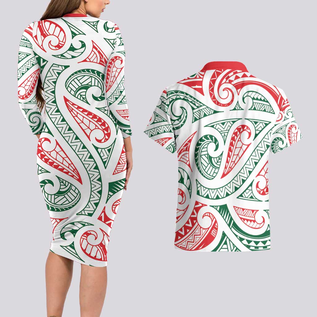 New Zealand Kowhaiwhai Christmas Couples Matching Long Sleeve Bodycon Dress and Hawaiian Shirt Traditional Maori Koru Pattern - Aussie Hoodie