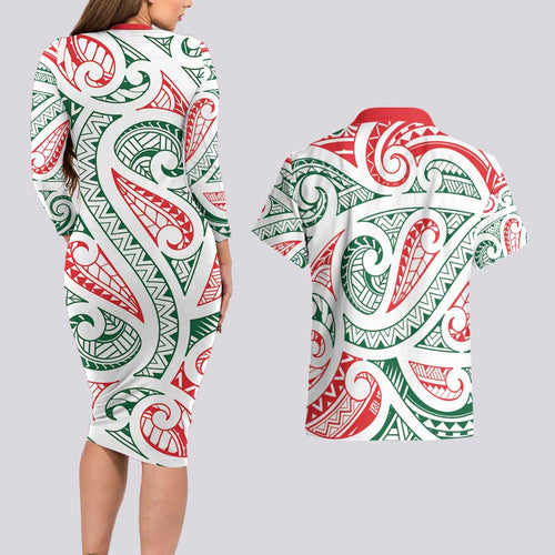 New Zealand Kowhaiwhai Christmas Couples Matching Long Sleeve Bodycon Dress and Hawaiian Shirt Traditional Maori Koru Pattern - Aussie Hoodie