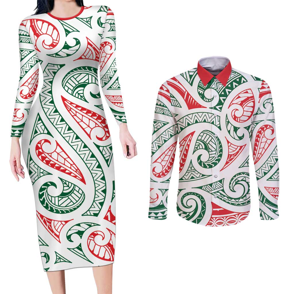 New Zealand Kowhaiwhai Christmas Couples Matching Long Sleeve Bodycon Dress and Long Sleeve Button Shirt Traditional Maori Koru Pattern - Aussie Hoodie