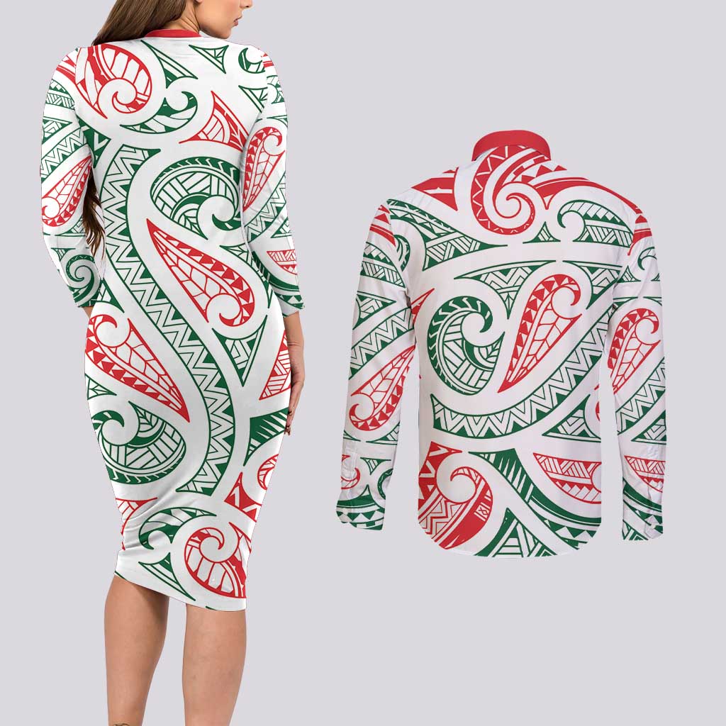 New Zealand Kowhaiwhai Christmas Couples Matching Long Sleeve Bodycon Dress and Long Sleeve Button Shirt Traditional Maori Koru Pattern - Aussie Hoodie