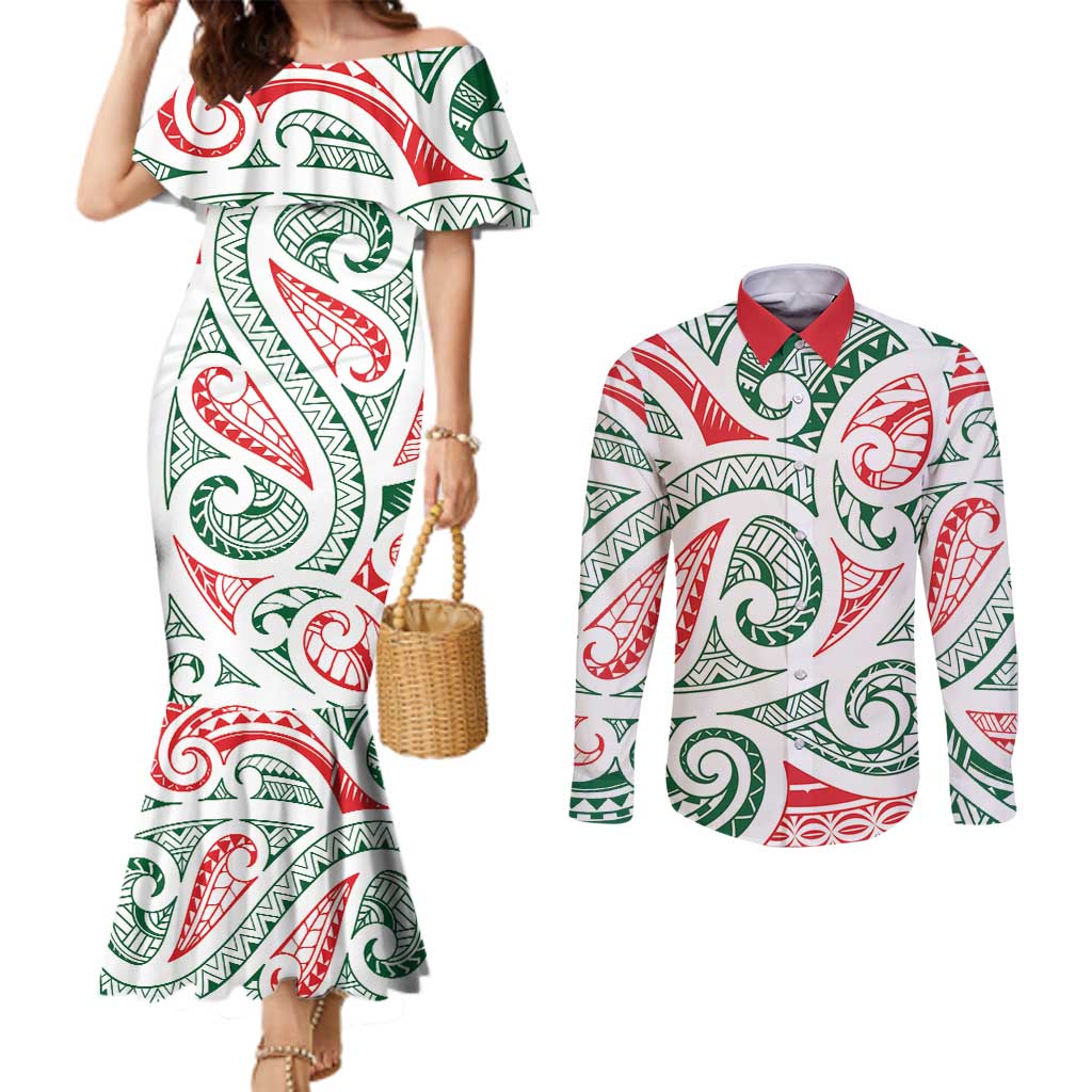 New Zealand Kowhaiwhai Christmas Couples Matching Mermaid Dress and Long Sleeve Button Shirt Traditional Maori Koru Pattern - Aussie Hoodie