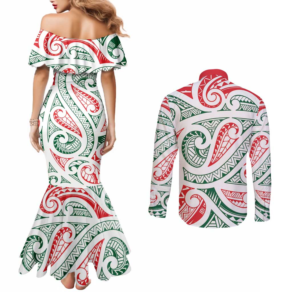 New Zealand Kowhaiwhai Christmas Couples Matching Mermaid Dress and Long Sleeve Button Shirt Traditional Maori Koru Pattern - Aussie Hoodie