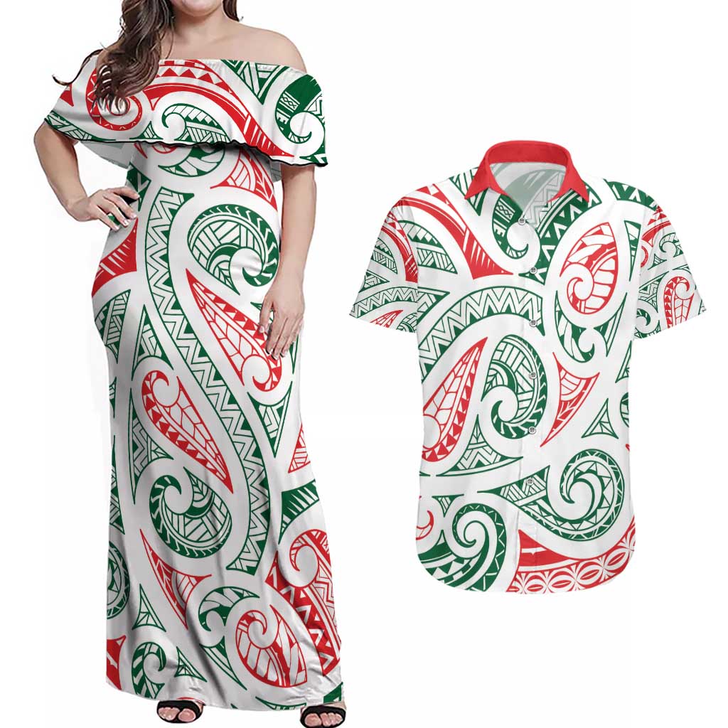 New Zealand Kowhaiwhai Christmas Couples Matching Off Shoulder Maxi Dress and Hawaiian Shirt Traditional Maori Koru Pattern - Aussie Hoodie