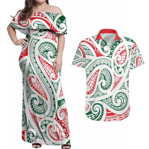 New Zealand Kowhaiwhai Christmas Couples Matching Off Shoulder Maxi Dress and Hawaiian Shirt Traditional Maori Koru Pattern - Aussie Hoodie