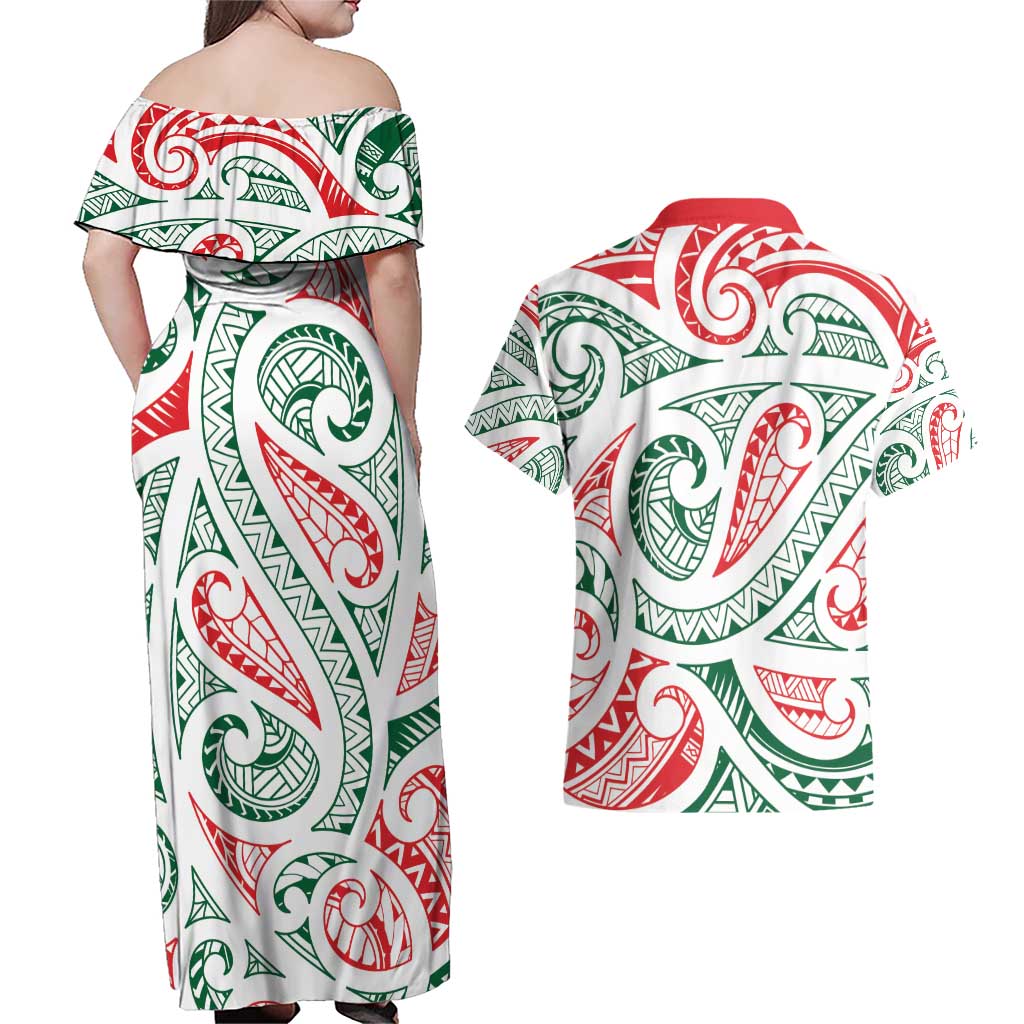 New Zealand Kowhaiwhai Christmas Couples Matching Off Shoulder Maxi Dress and Hawaiian Shirt Traditional Maori Koru Pattern - Aussie Hoodie