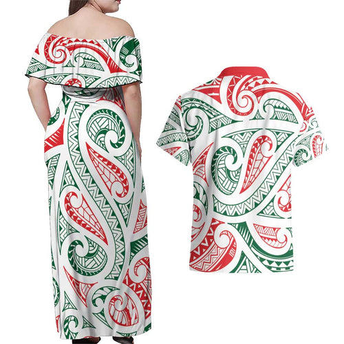 New Zealand Kowhaiwhai Christmas Couples Matching Off Shoulder Maxi Dress and Hawaiian Shirt Traditional Maori Koru Pattern - Aussie Hoodie