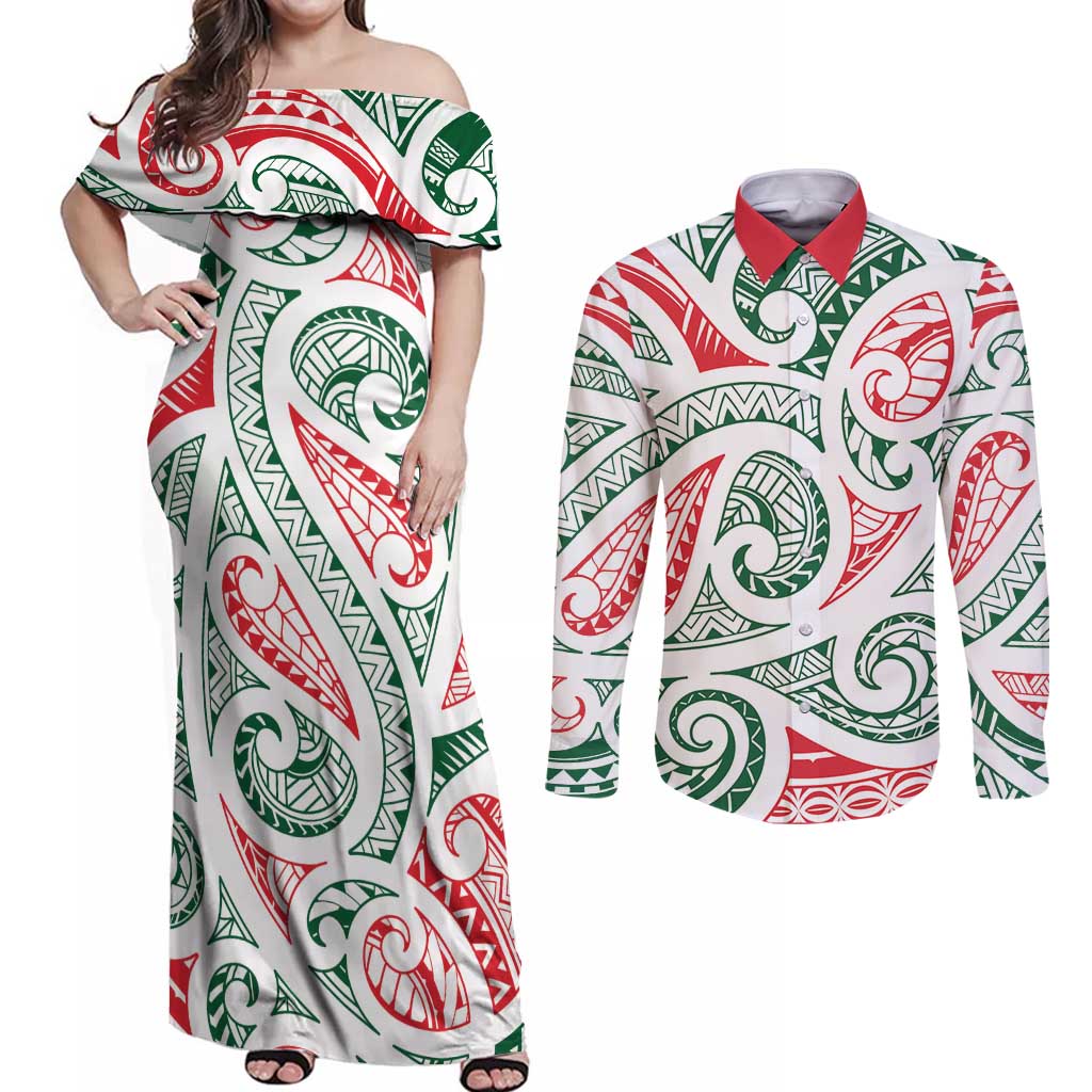 New Zealand Kowhaiwhai Christmas Couples Matching Off Shoulder Maxi Dress and Long Sleeve Button Shirt Traditional Maori Koru Pattern - Aussie Hoodie