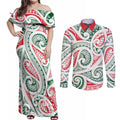 New Zealand Kowhaiwhai Christmas Couples Matching Off Shoulder Maxi Dress and Long Sleeve Button Shirt Traditional Maori Koru Pattern - Aussie Hoodie