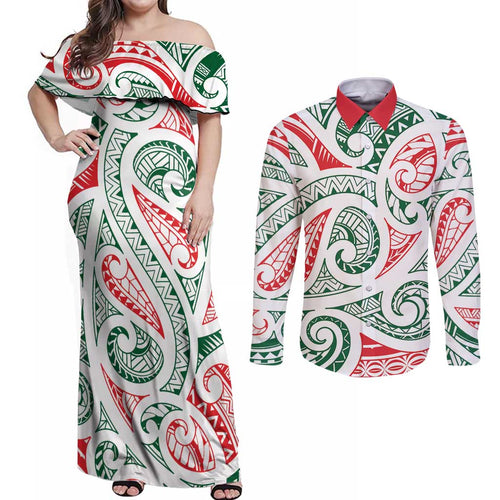 New Zealand Kowhaiwhai Christmas Couples Matching Off Shoulder Maxi Dress and Long Sleeve Button Shirt Traditional Maori Koru Pattern - Aussie Hoodie