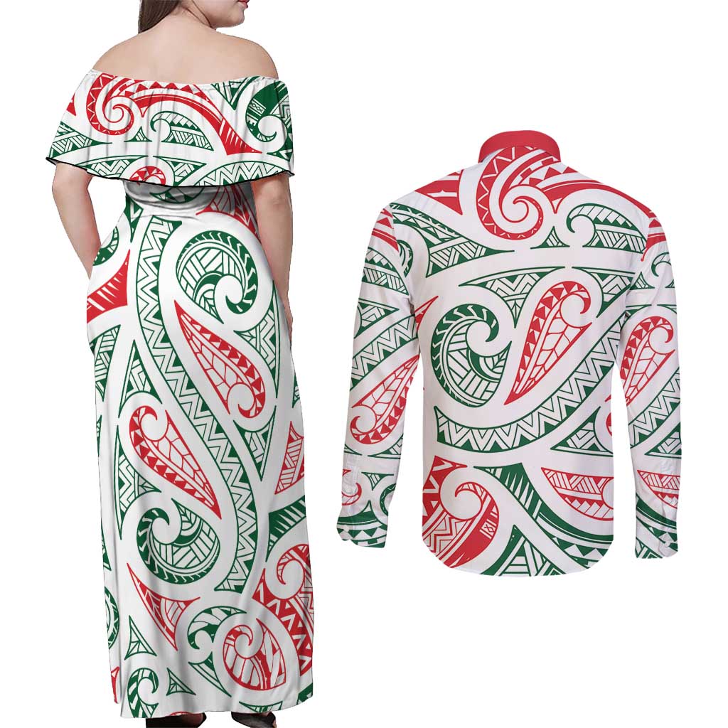New Zealand Kowhaiwhai Christmas Couples Matching Off Shoulder Maxi Dress and Long Sleeve Button Shirt Traditional Maori Koru Pattern - Aussie Hoodie