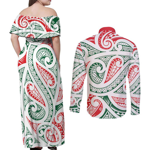 New Zealand Kowhaiwhai Christmas Couples Matching Off Shoulder Maxi Dress and Long Sleeve Button Shirt Traditional Maori Koru Pattern - Aussie Hoodie