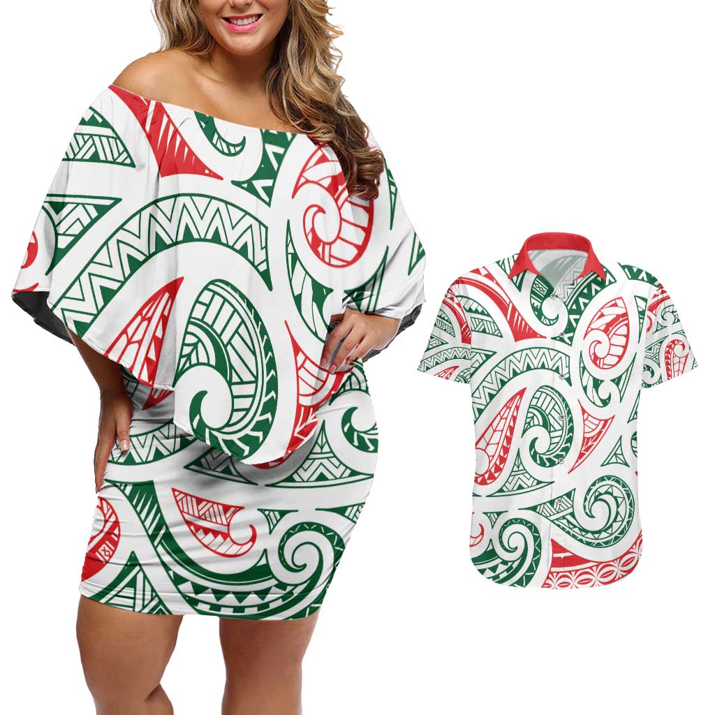 New Zealand Kowhaiwhai Christmas Couples Matching Off Shoulder Short Dress and Hawaiian Shirt Traditional Maori Koru Pattern - Aussie Hoodie