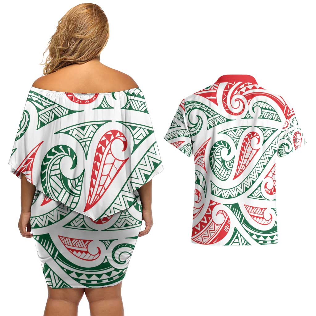 New Zealand Kowhaiwhai Christmas Couples Matching Off Shoulder Short Dress and Hawaiian Shirt Traditional Maori Koru Pattern - Aussie Hoodie
