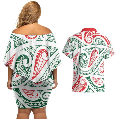 New Zealand Kowhaiwhai Christmas Couples Matching Off Shoulder Short Dress and Hawaiian Shirt Traditional Maori Koru Pattern - Aussie Hoodie