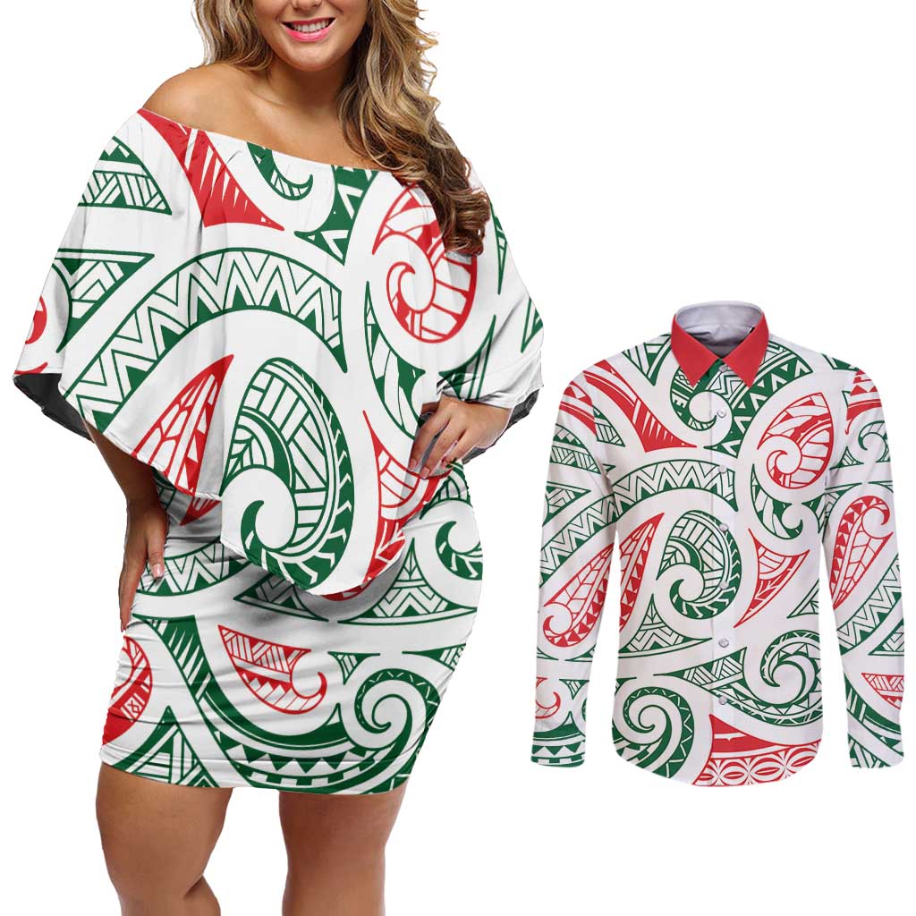 New Zealand Kowhaiwhai Christmas Couples Matching Off Shoulder Short Dress and Long Sleeve Button Shirt Traditional Maori Koru Pattern - Aussie Hoodie