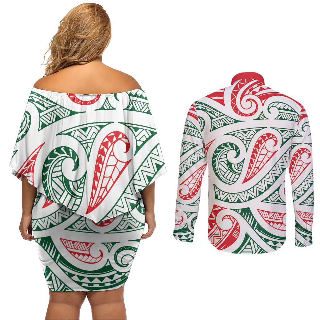 New Zealand Kowhaiwhai Christmas Couples Matching Off Shoulder Short Dress and Long Sleeve Button Shirt Traditional Maori Koru Pattern - Aussie Hoodie