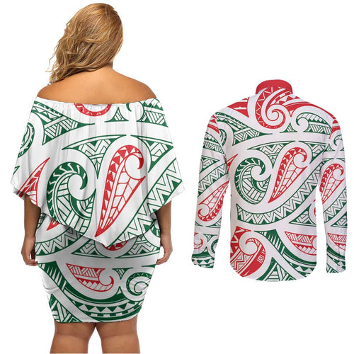 New Zealand Kowhaiwhai Christmas Couples Matching Off Shoulder Short Dress and Long Sleeve Button Shirt Traditional Maori Koru Pattern - Aussie Hoodie