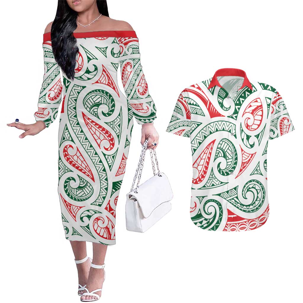 New Zealand Kowhaiwhai Christmas Couples Matching Off The Shoulder Long Sleeve Dress and Hawaiian Shirt Traditional Maori Koru Pattern - Aussie Hoodie