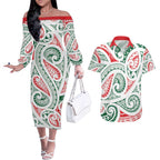 New Zealand Kowhaiwhai Christmas Couples Matching Off The Shoulder Long Sleeve Dress and Hawaiian Shirt Traditional Maori Koru Pattern - Aussie Hoodie