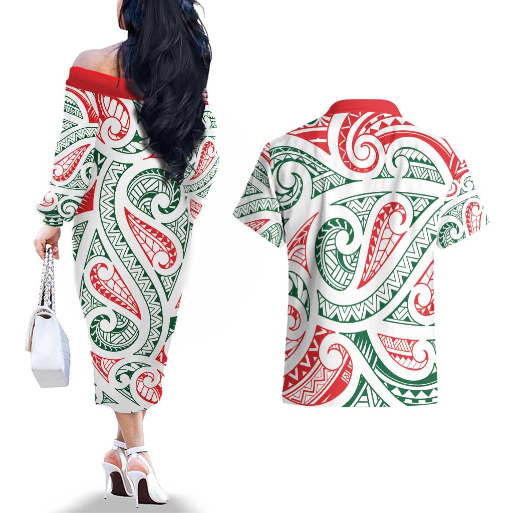 New Zealand Kowhaiwhai Christmas Couples Matching Off The Shoulder Long Sleeve Dress and Hawaiian Shirt Traditional Maori Koru Pattern - Aussie Hoodie