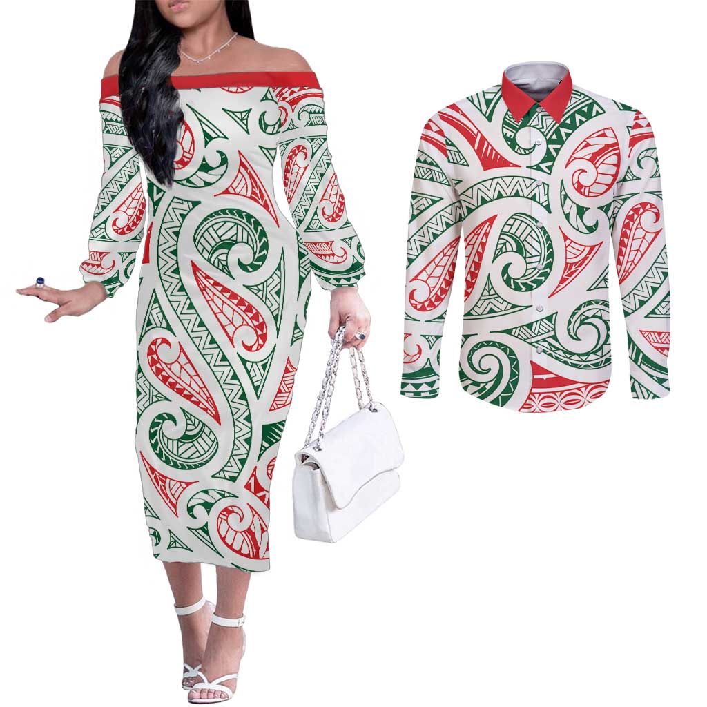 New Zealand Kowhaiwhai Christmas Couples Matching Off The Shoulder Long Sleeve Dress and Long Sleeve Button Shirt Traditional Maori Koru Pattern - Aussie Hoodie