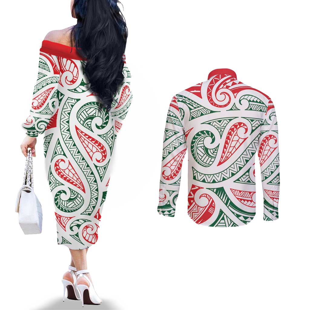New Zealand Kowhaiwhai Christmas Couples Matching Off The Shoulder Long Sleeve Dress and Long Sleeve Button Shirt Traditional Maori Koru Pattern - Aussie Hoodie