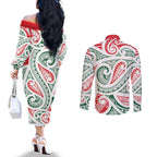 New Zealand Kowhaiwhai Christmas Couples Matching Off The Shoulder Long Sleeve Dress and Long Sleeve Button Shirt Traditional Maori Koru Pattern - Aussie Hoodie