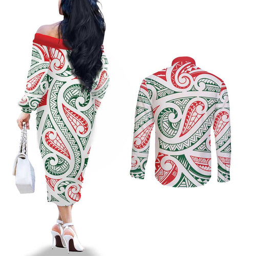 New Zealand Kowhaiwhai Christmas Couples Matching Off The Shoulder Long Sleeve Dress and Long Sleeve Button Shirt Traditional Maori Koru Pattern - Aussie Hoodie