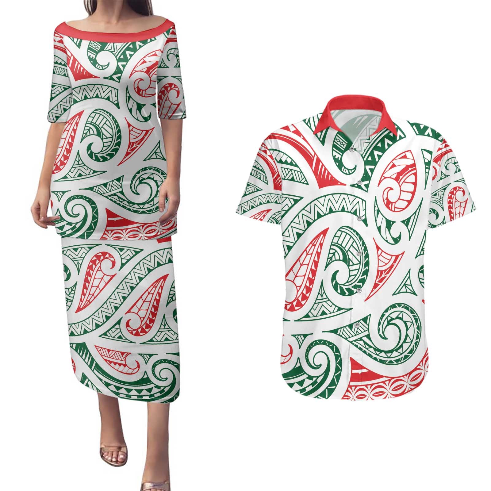 New Zealand Kowhaiwhai Christmas Couples Matching Puletasi and Hawaiian Shirt Traditional Maori Koru Pattern - Aussie Hoodie