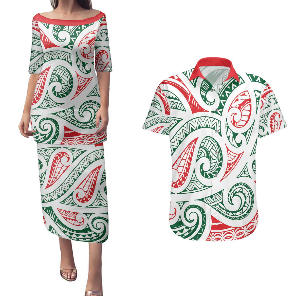 New Zealand Kowhaiwhai Christmas Couples Matching Puletasi and Hawaiian Shirt Traditional Maori Koru Pattern - Aussie Hoodie