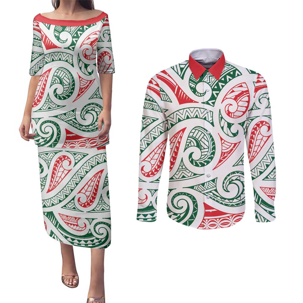 New Zealand Kowhaiwhai Christmas Couples Matching Puletasi and Long Sleeve Button Shirt Traditional Maori Koru Pattern - Aussie Hoodie