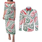 New Zealand Kowhaiwhai Christmas Couples Matching Puletasi and Long Sleeve Button Shirt Traditional Maori Koru Pattern - Aussie Hoodie