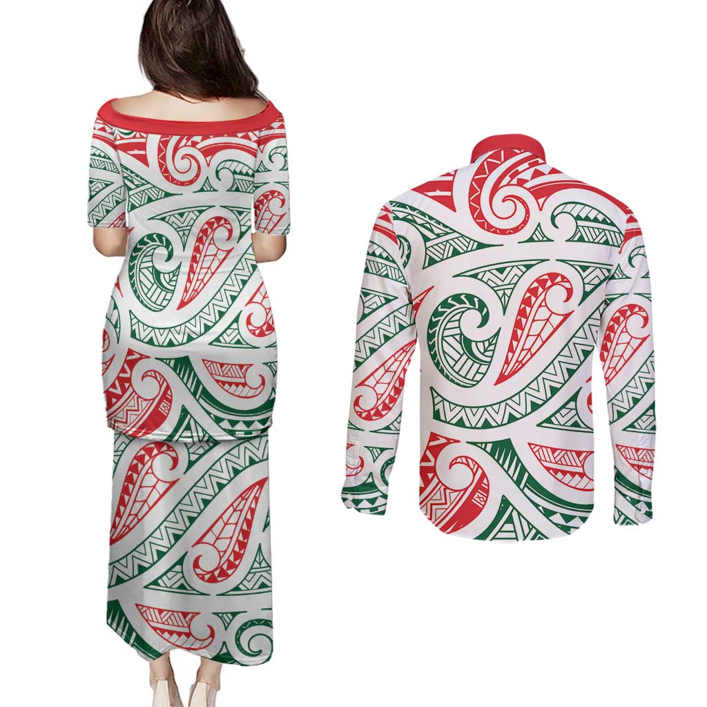 New Zealand Kowhaiwhai Christmas Couples Matching Puletasi and Long Sleeve Button Shirt Traditional Maori Koru Pattern - Aussie Hoodie