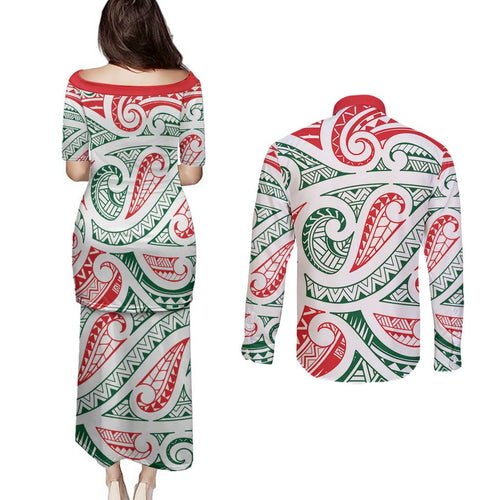 New Zealand Kowhaiwhai Christmas Couples Matching Puletasi and Long Sleeve Button Shirt Traditional Maori Koru Pattern - Aussie Hoodie