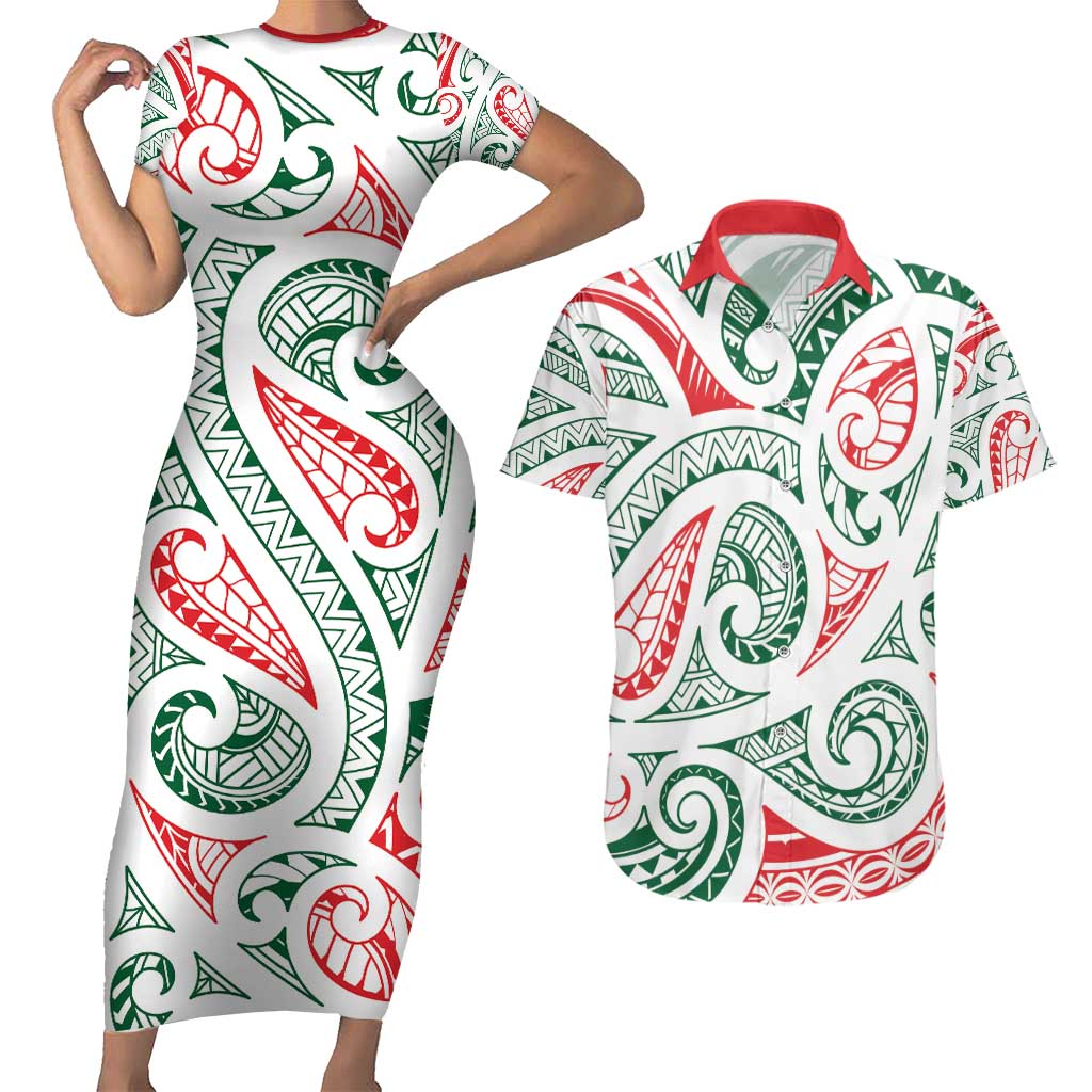 New Zealand Kowhaiwhai Christmas Couples Matching Short Sleeve Bodycon Dress and Hawaiian Shirt Traditional Maori Koru Pattern - Aussie Hoodie
